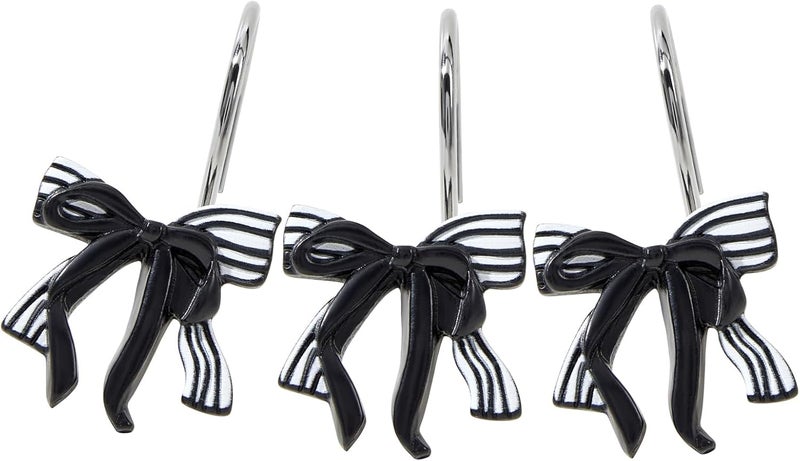 Aldopein 12PCS Cute Bow Decorative Shower Curtain Hooks for Elegant Gothic Chic Fun Shower Curtains Hooks Metal Rustproof Moody Black Trendy Shower Curtain Rings Bathroom Decoration - Image 1